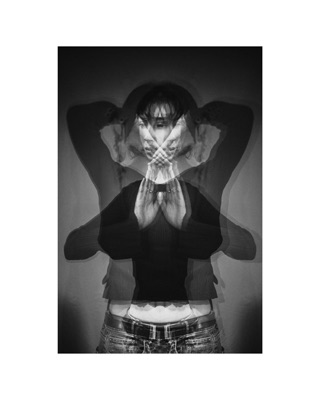An abstracted portrait by Lilit L Hovhanni — one woman repeated and mirrored into a single figure.